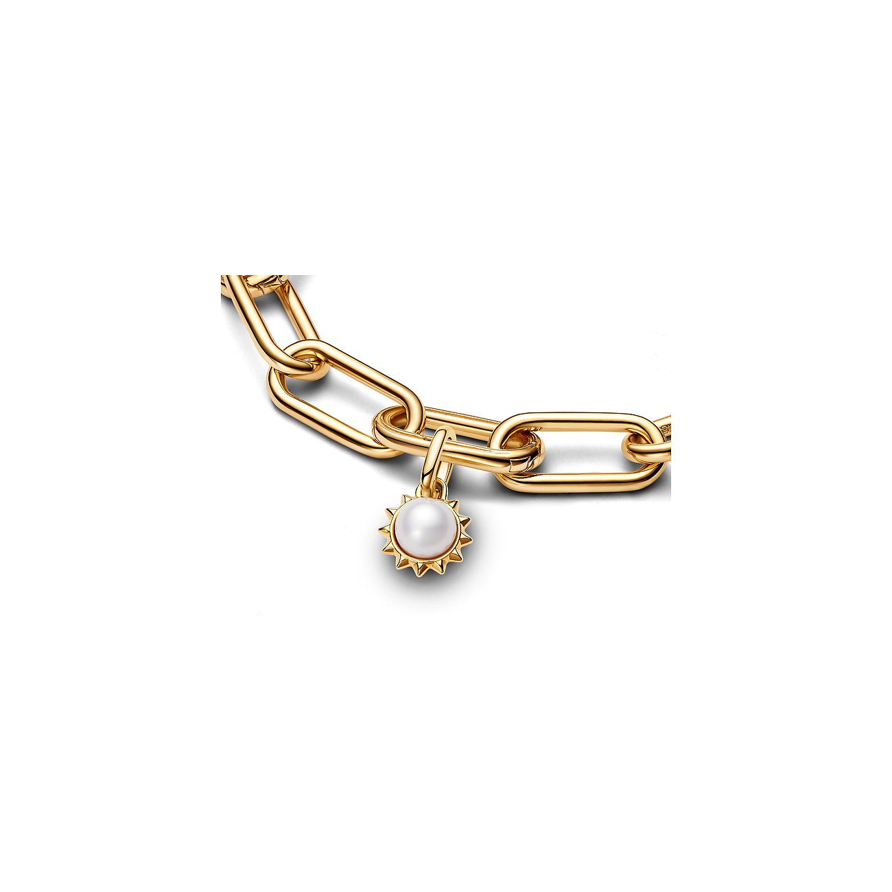 Pandora Anhänger aus Metall mit Perle und Sonnensymbol.