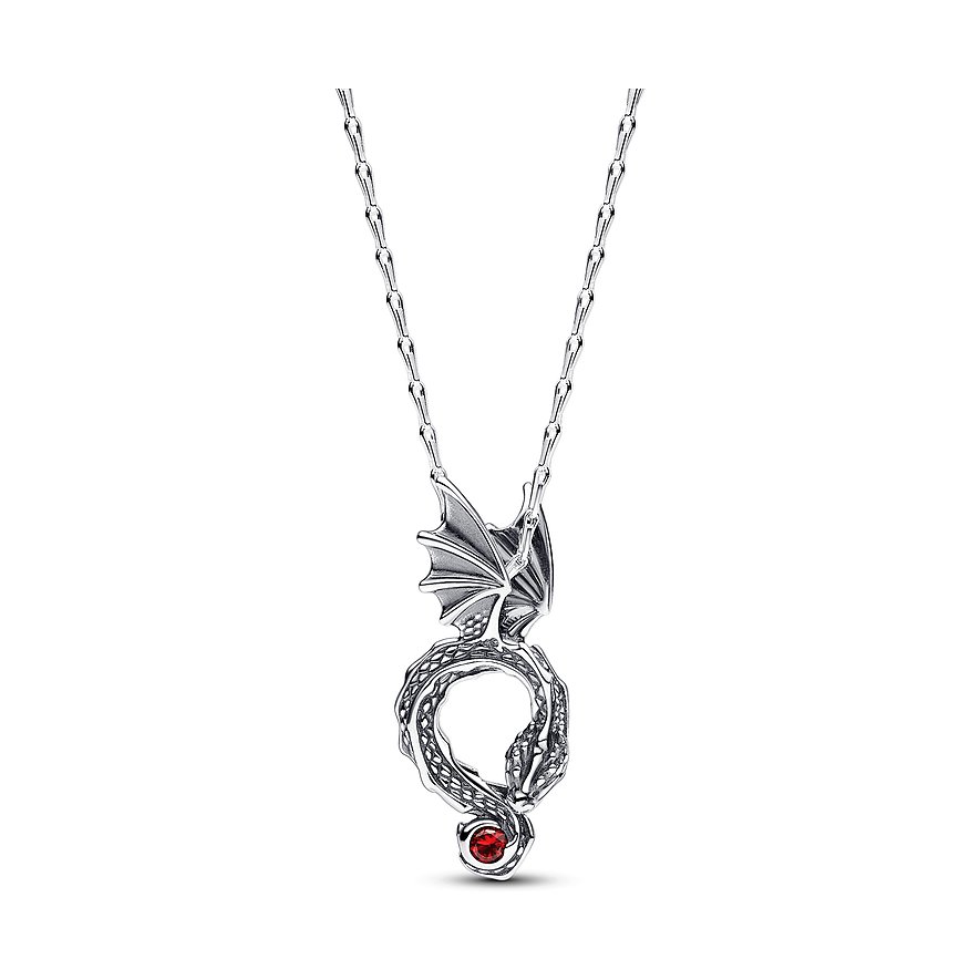 Pandora Halsschmuck aus Silber: Eine Drachen-Halskette mit filigranen Flügeln und einem roten Kristall als Akzent.