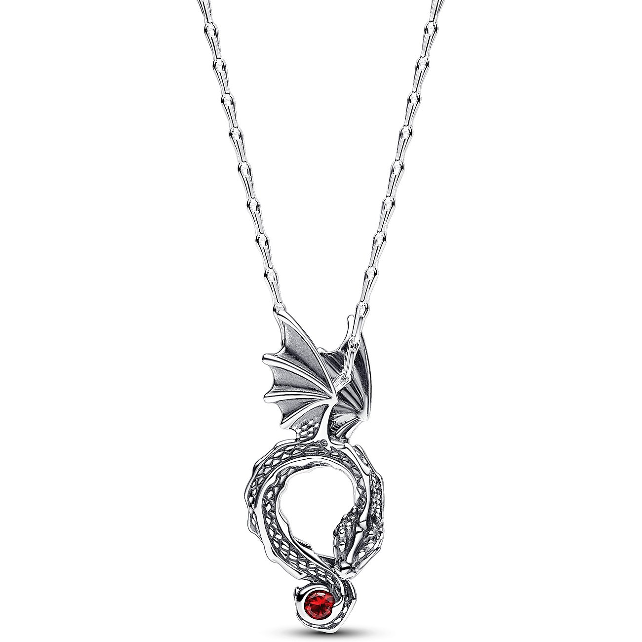 Pandora Halsschmuck aus Silber: Eine Drachen-Halskette mit filigranen Flügeln und einem roten Kristall als Akzent.
