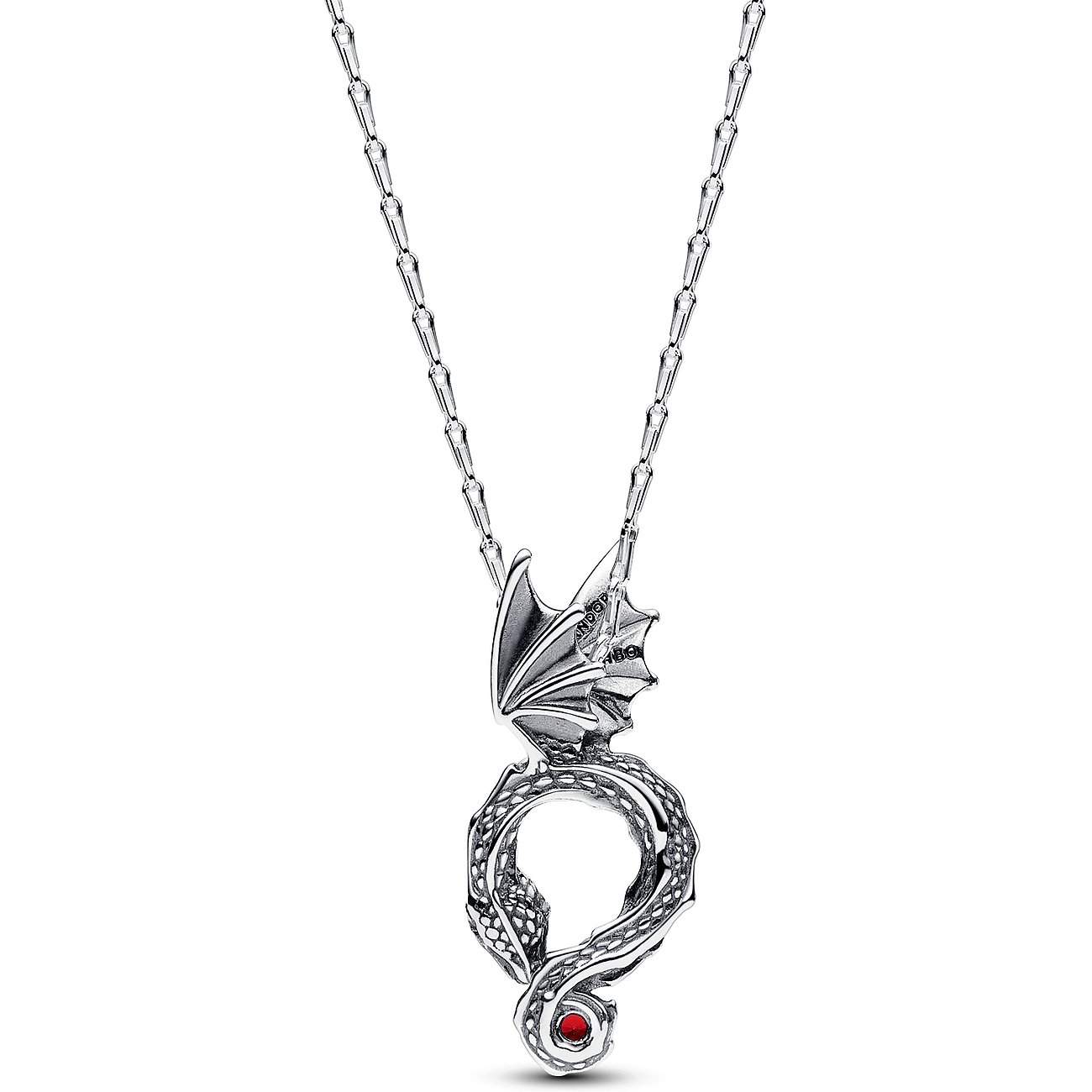 Pandora Halskette aus 925er Silber mit Drachenanhänger und rotem Kristallstein
