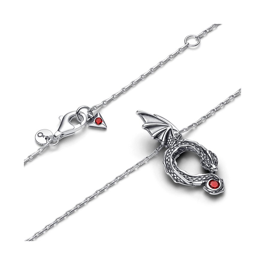 Pandora Halsschmuck aus Silber: Eine Drachenkette mit roten Kristallakzenten und Verschlussdetails.