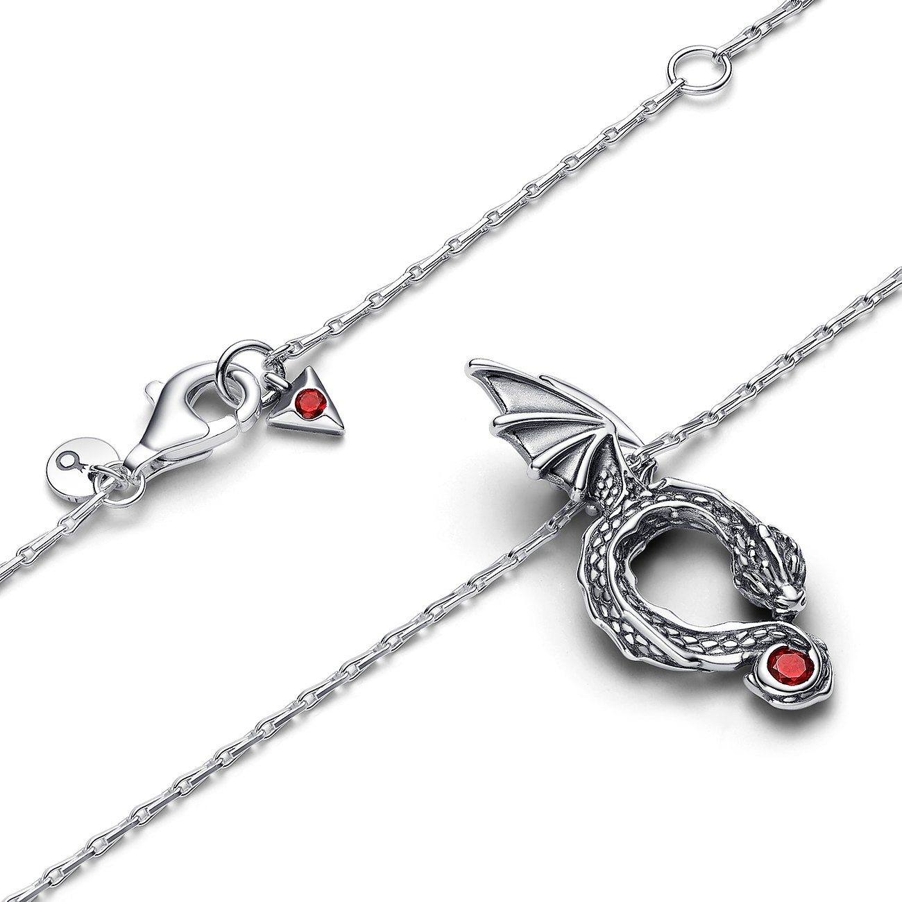 Pandora Halsschmuck aus Silber: Eine Drachenkette mit roten Kristallakzenten und Verschlussdetails.