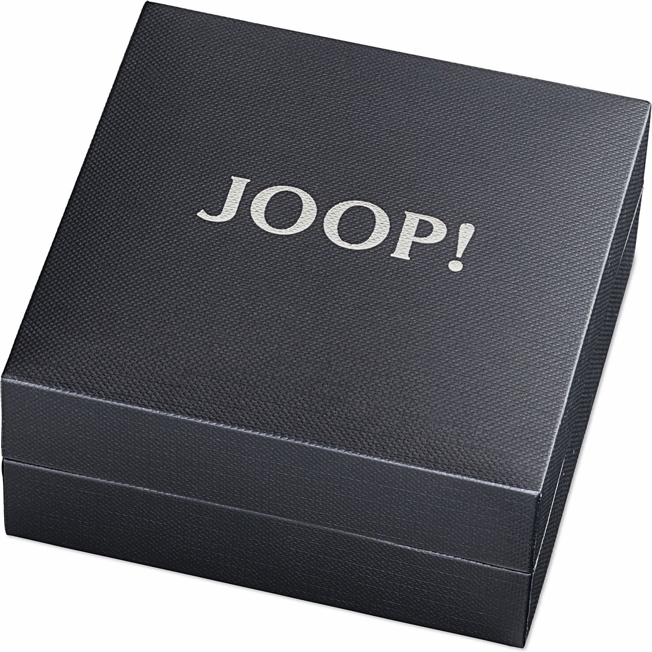 Close-up einer schwarzen JOOP! Geschenkbox mit leicht texturierter Oberfläche und glänzendem Markenlogo auf dem Deckel.