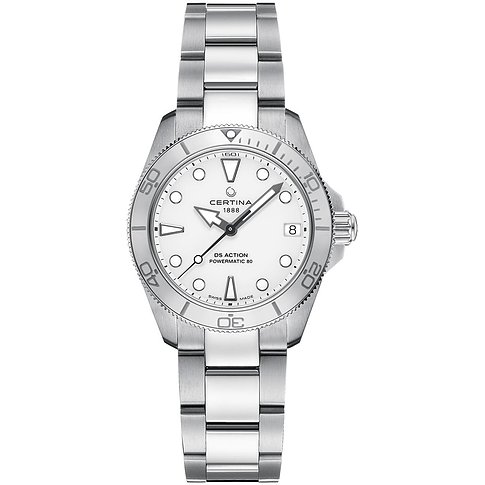 Certina Damenuhr mit Edelstahlgehäuse, weißem Zifferblatt und silberfarbenem Armband.