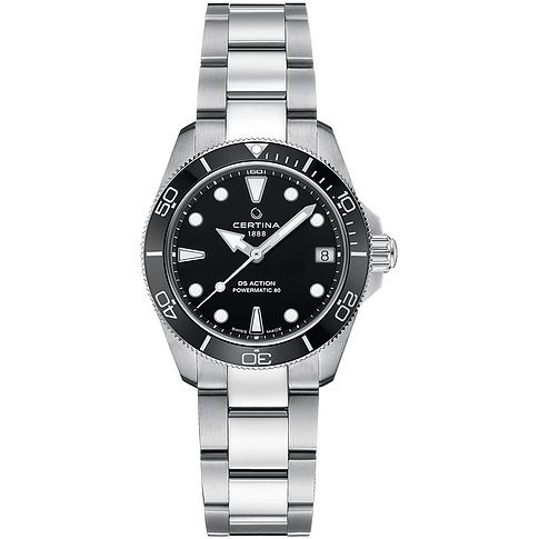 Certina Damenuhr mit Edelstahlgehäuse, schwarzem Zifferblatt und silberfarbenem Armband.