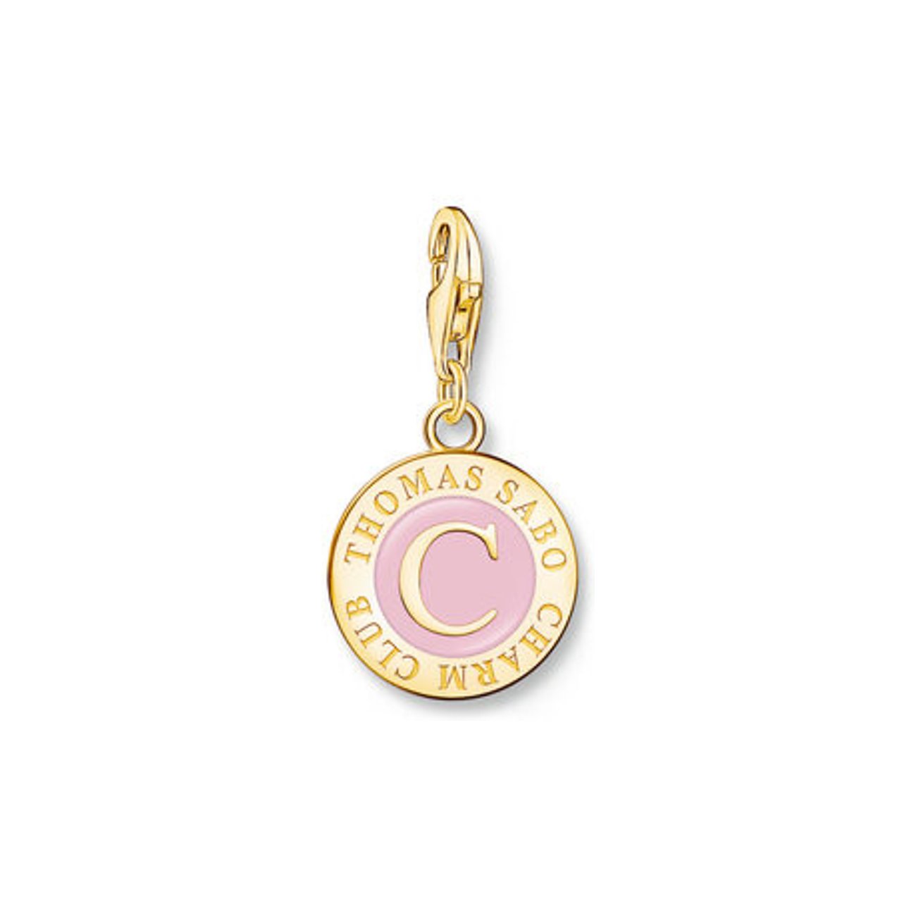 Vergoldeter Thomas Sabo Club Charm-Anhänger aus 925er Silber und rosa Emaille mit „Thomas Sabo Club Charm“ und „C“.