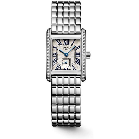 Longines Damenuhr mit Edelstahlgehäuse, besetzt mit Diamanten, analog.