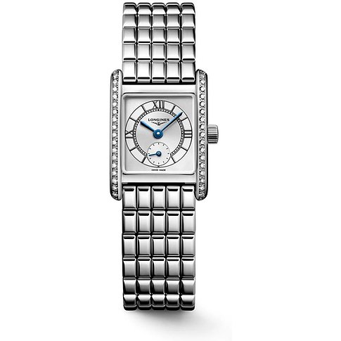Longines Damenuhr aus Edelstahl mit Diamanten, analog, rechteckiges Gehäuse.