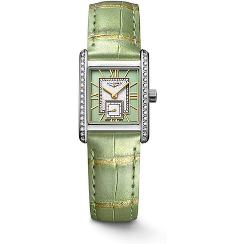 Longines Damenuhr mit Edelstahlgehäuse und Diamanten, analog, mit grünem Armband.