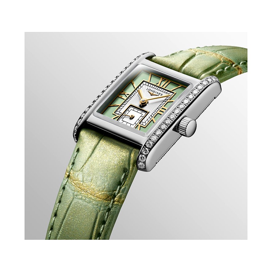 Longines Damenuhr mit Edelstahlgehäuse, besetzt mit Diamanten, grünes Armband.