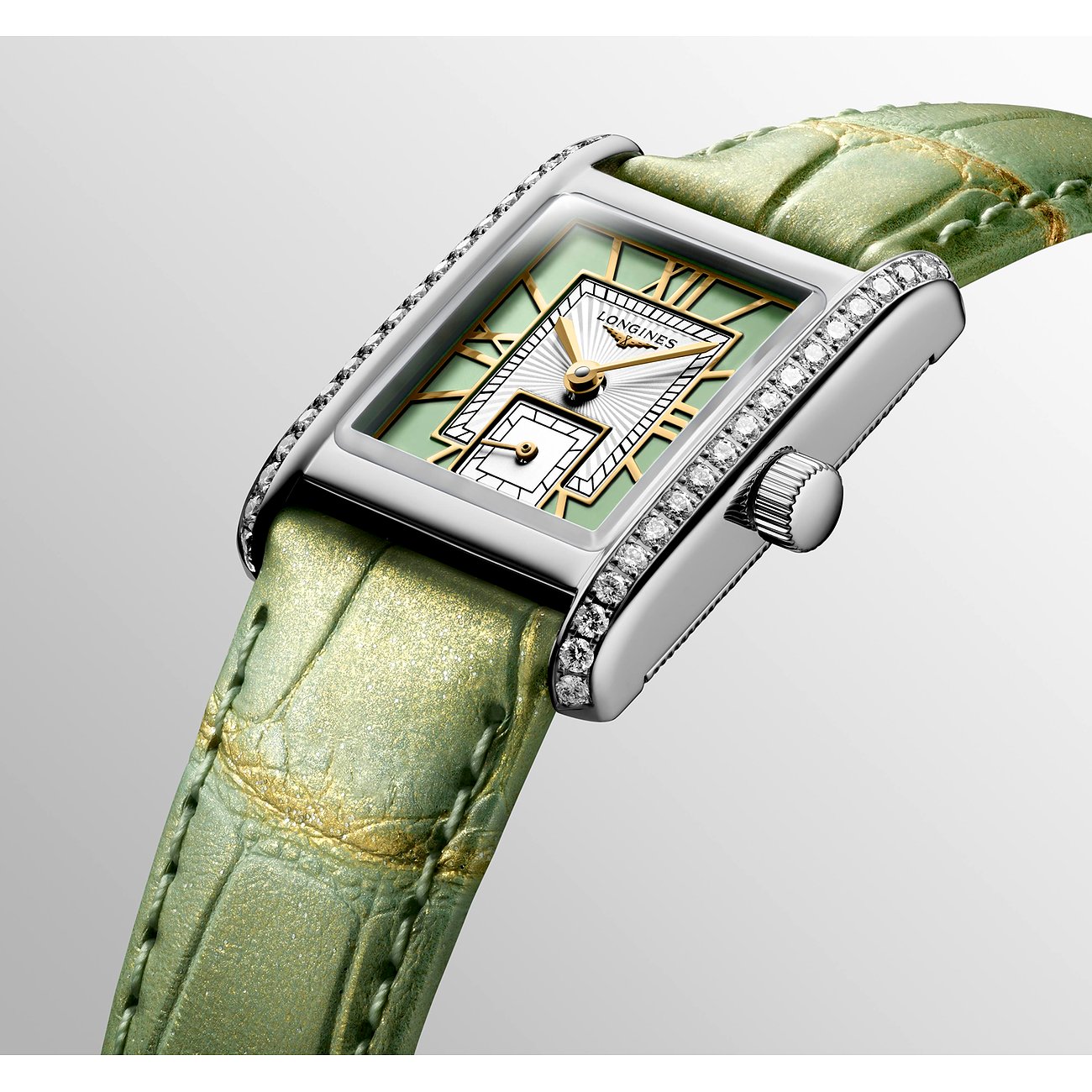 Longines Damenuhr mit Edelstahlgehäuse, besetzt mit Diamanten, grünes Armband.