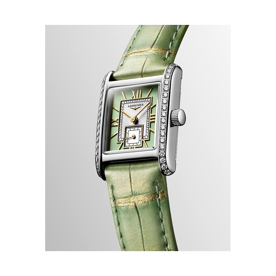 Longines Damenuhr mit Edelstahlgehäuse, besetzt mit Diamanten, hellgrünem Armband.
