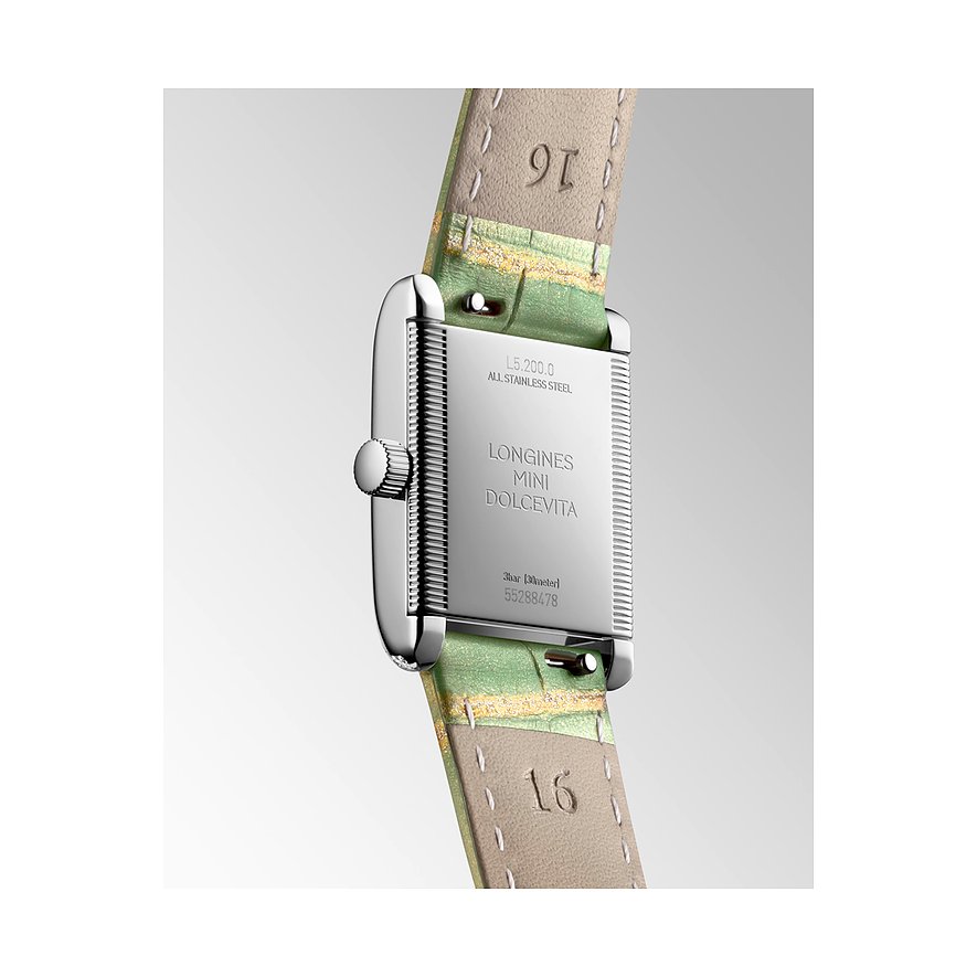 Longines Damenuhr aus Edelstahl mit Diamanten, rechteckiges Gehäuse.