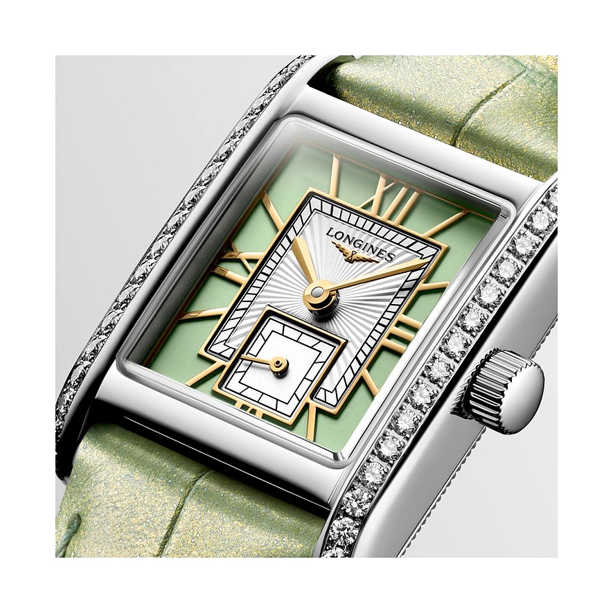 Longines Damenuhr mit Edelstahlgehäuse, besetzt mit Diamanten und grünem Zifferblatt.