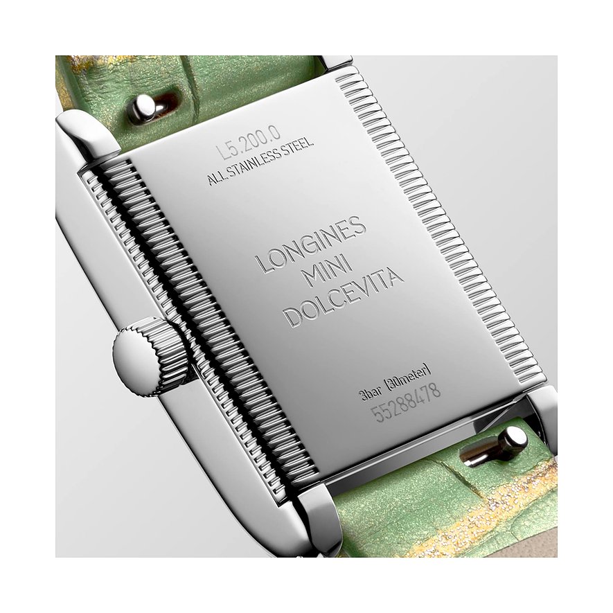 Longines Damenuhr aus Edelstahl mit Diamanten, rechteckiges Gehäuse.