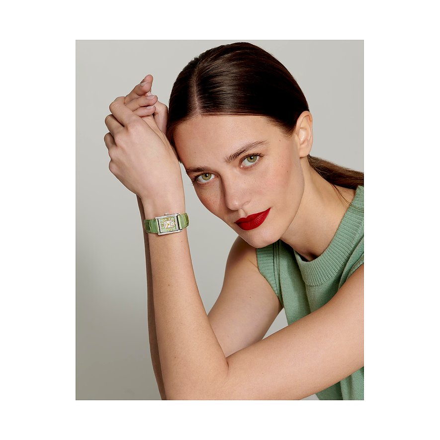Longines Damenuhr mit Edelstahlgehäuse, besetzt mit Diamanten, mit grünem Band.