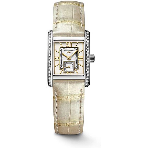 Longines Damenuhr mit Edelstahlgehäuse, besetzt mit Diamanten, analog.