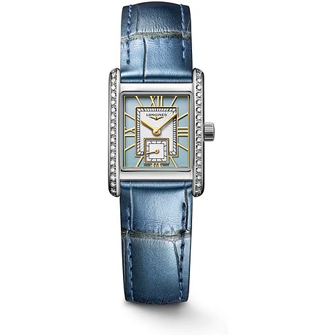 Longines Damenuhr mit Edelstahlgehäuse, Diamanten und blauem Lederarmband.