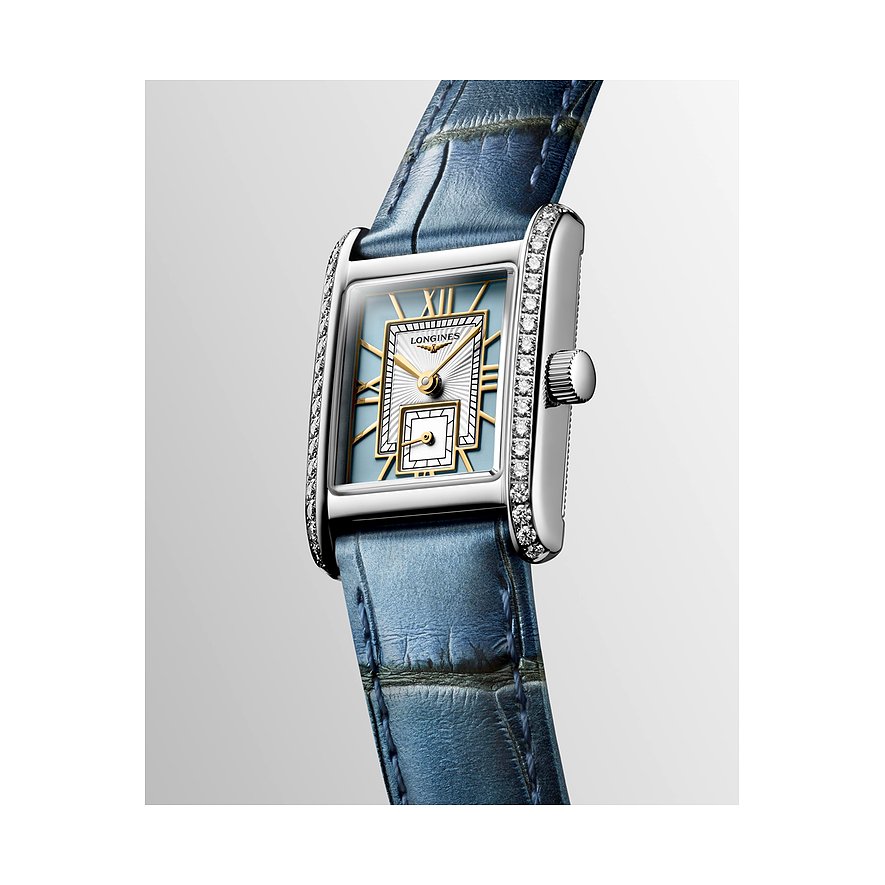 Longines Damenuhr mit Edelstahlgehäuse und Diamanten, blaues Lederarmband.
