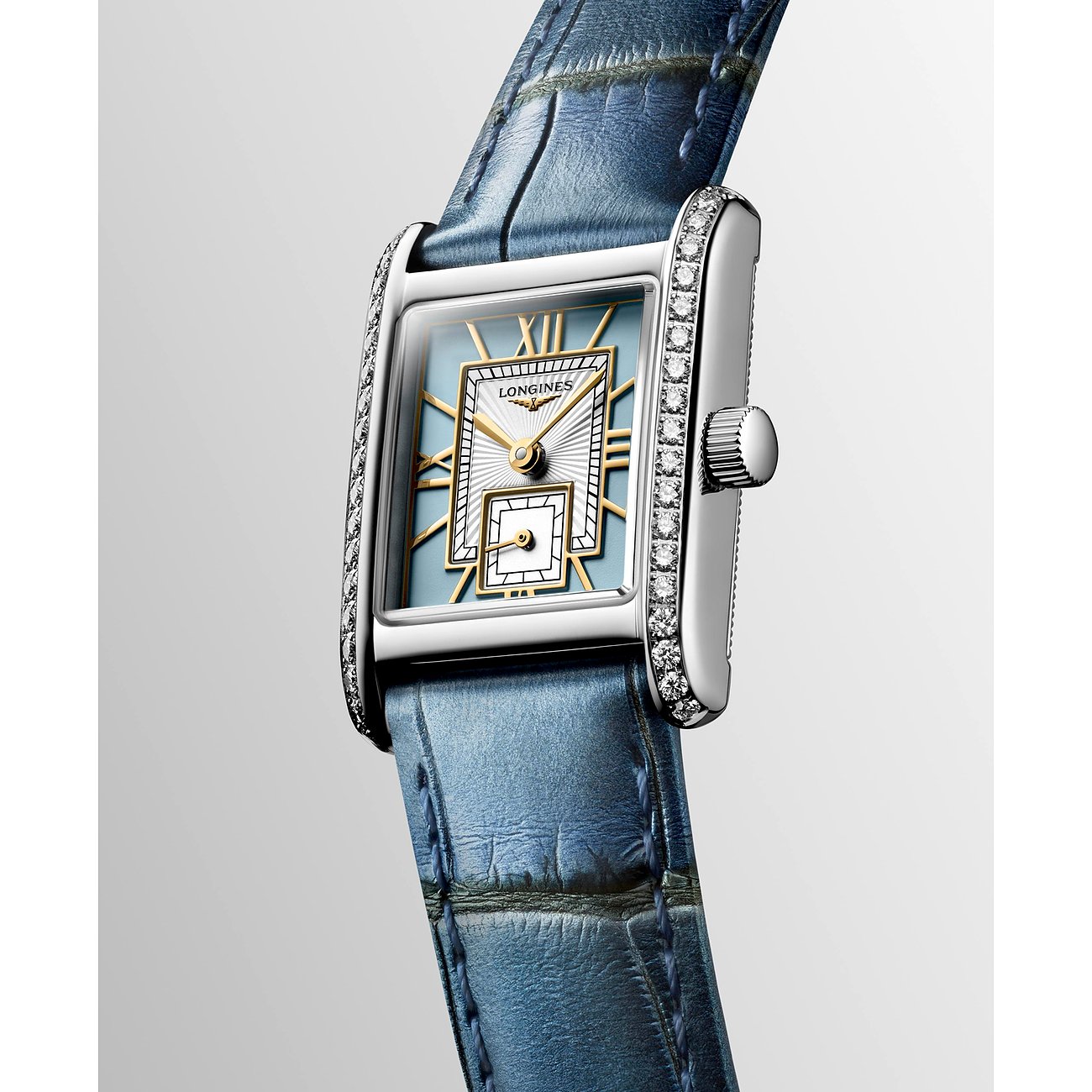 Longines Damenuhr mit Edelstahlgehäuse und Diamanten, blaues Lederarmband.