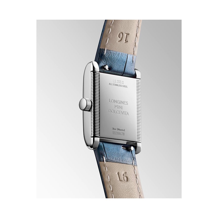 Longines Damenuhr aus Edelstahl, rechteckiges Gehäuse, mit Diamanten.