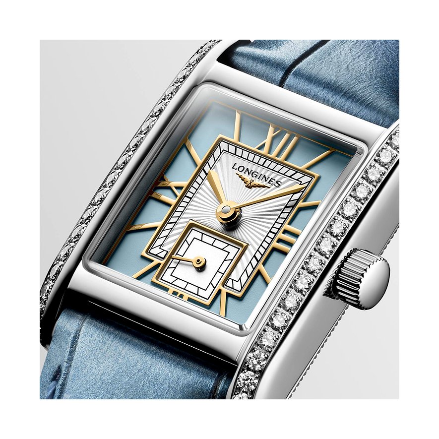 Longines Damenuhr mit Edelstahlgehäuse, besetzt mit Diamanten, analog.