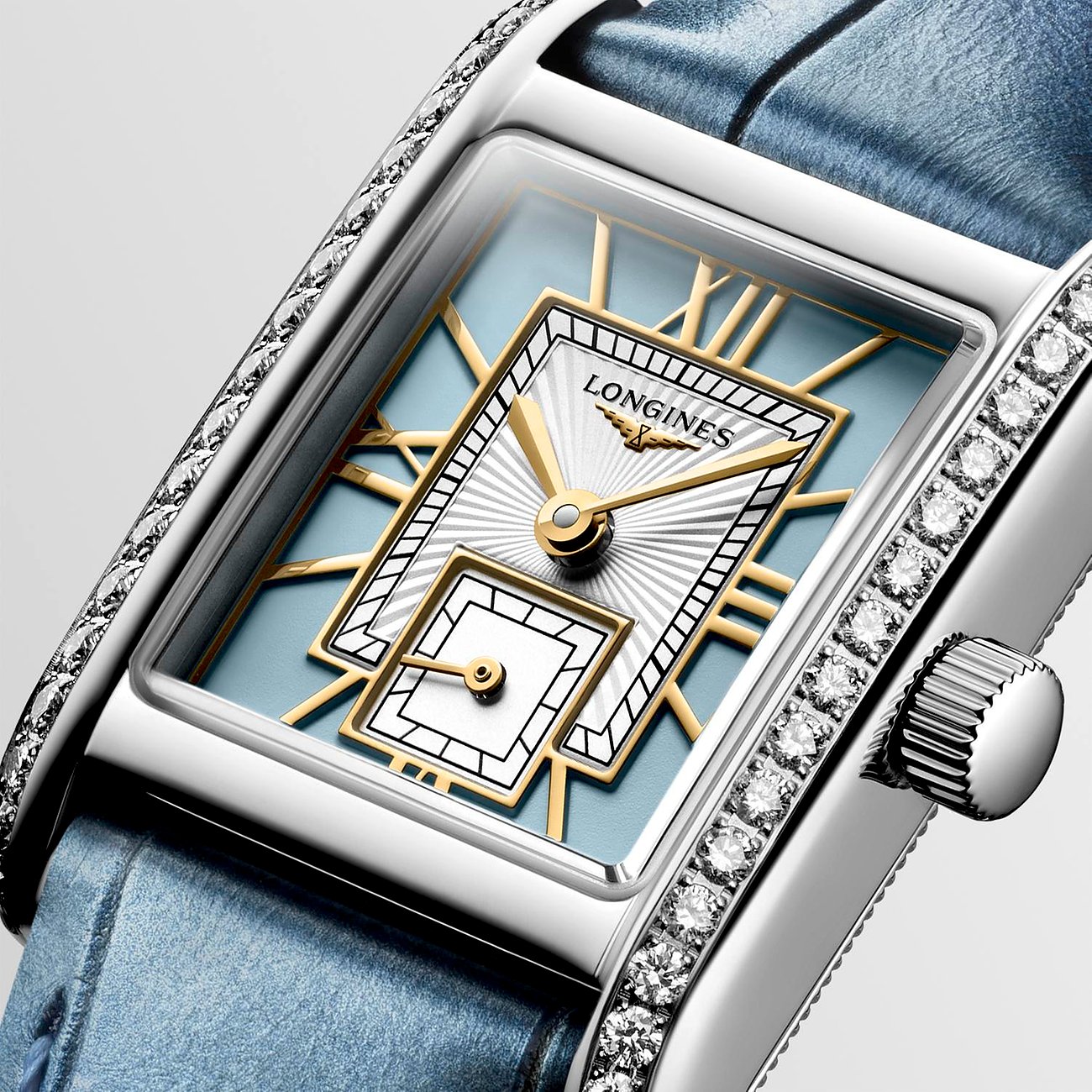 Longines Damenuhr mit Edelstahlgehäuse, besetzt mit Diamanten, analog.