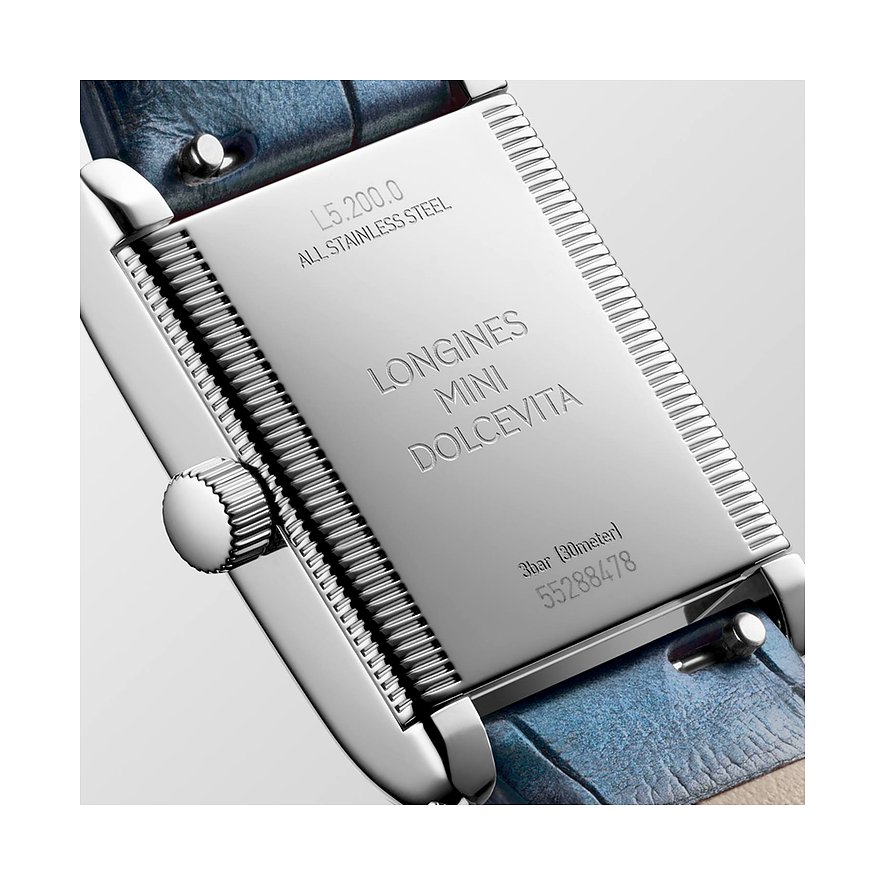 Longines Damenuhr aus Edelstahl mit Diamanten, rechteckiges Gehäuse.
