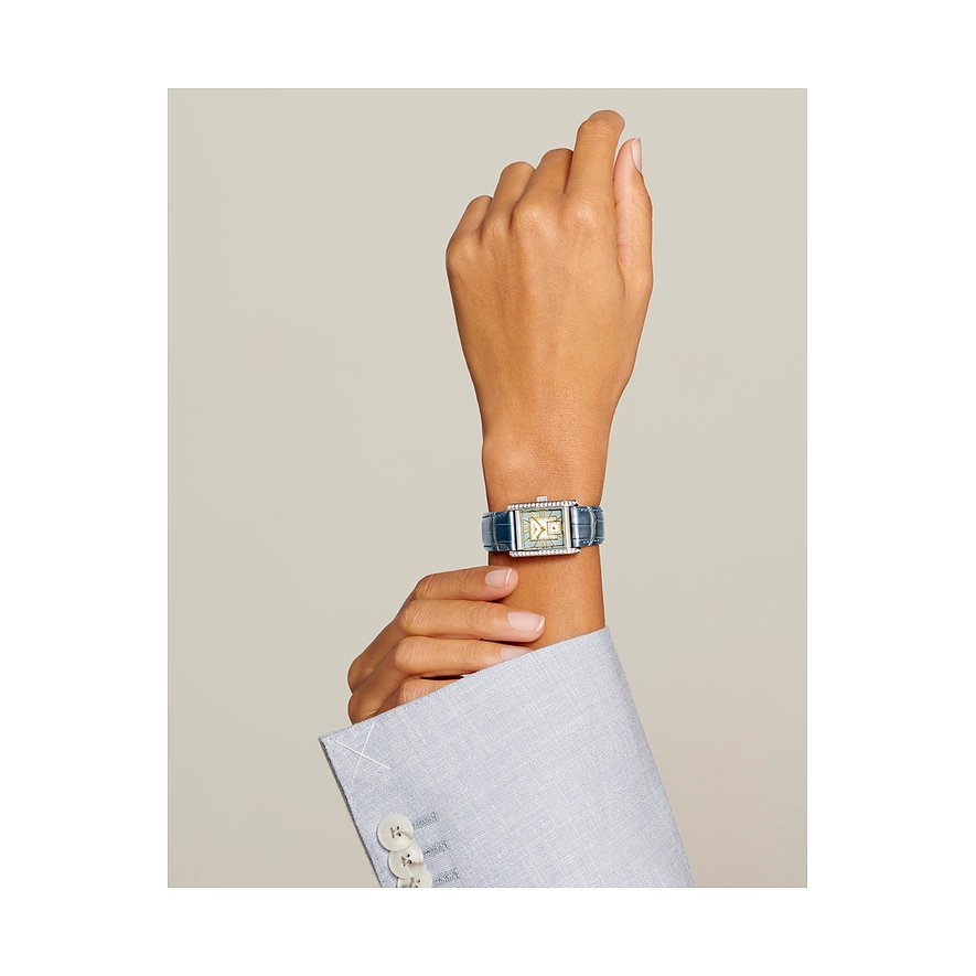 Longines Damenuhr aus Edelstahl mit Diamanten, rechteckigem Gehäuse und blauem Armband.
