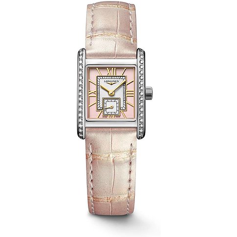 Longines Damenuhr mit Edelstahlgehäuse und Diamanten, analog, mit rosafarbenem Zifferblatt.
