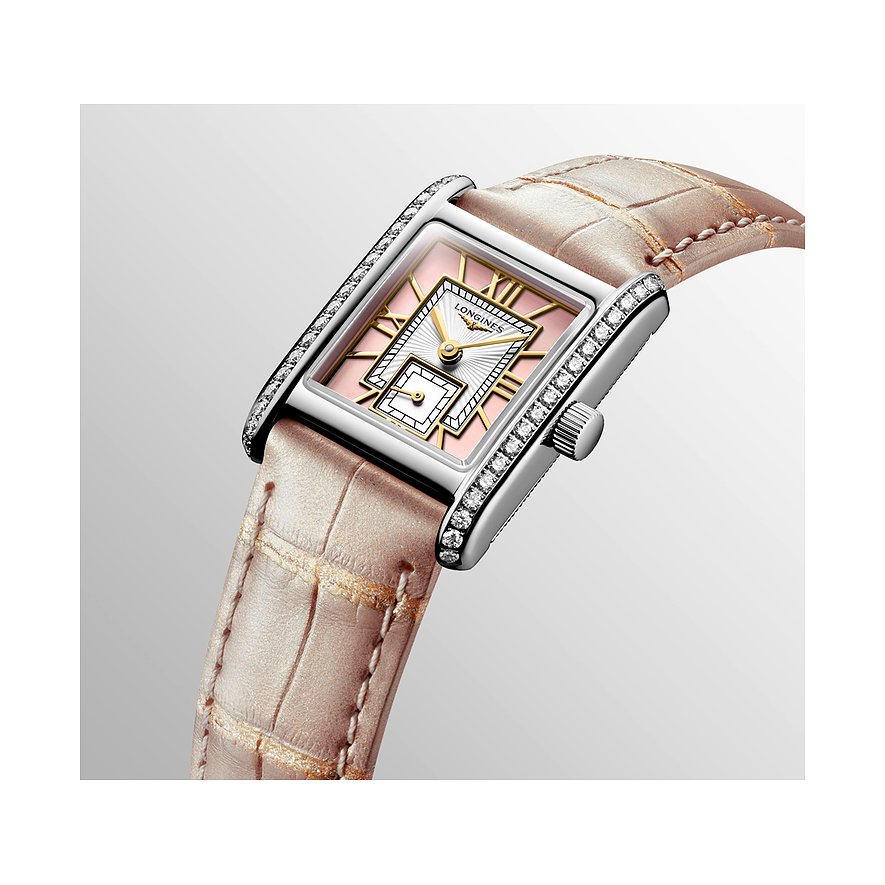 Longines Damenuhr mit Edelstahlgehäuse, besetzt mit Diamanten, rosafarbenes Zifferblatt.