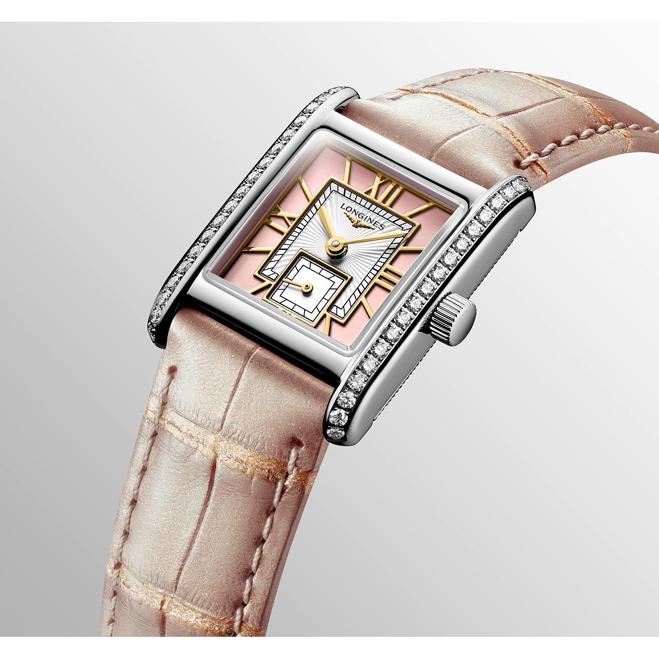 Longines Damenuhr mit Edelstahlgehäuse, besetzt mit Diamanten, rosafarbenes Zifferblatt.