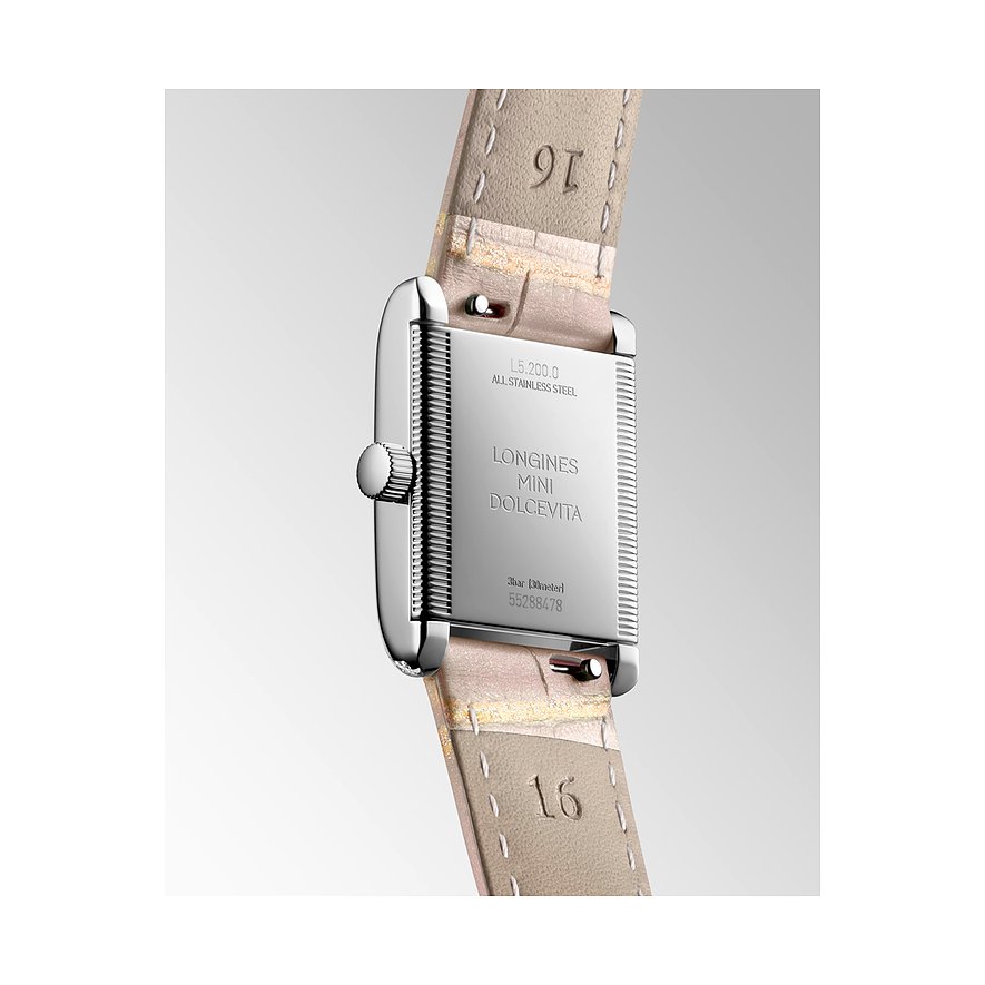 Longines Damenuhr aus Edelstahl, mit Diamanten, rechteckiges Gehäuse.