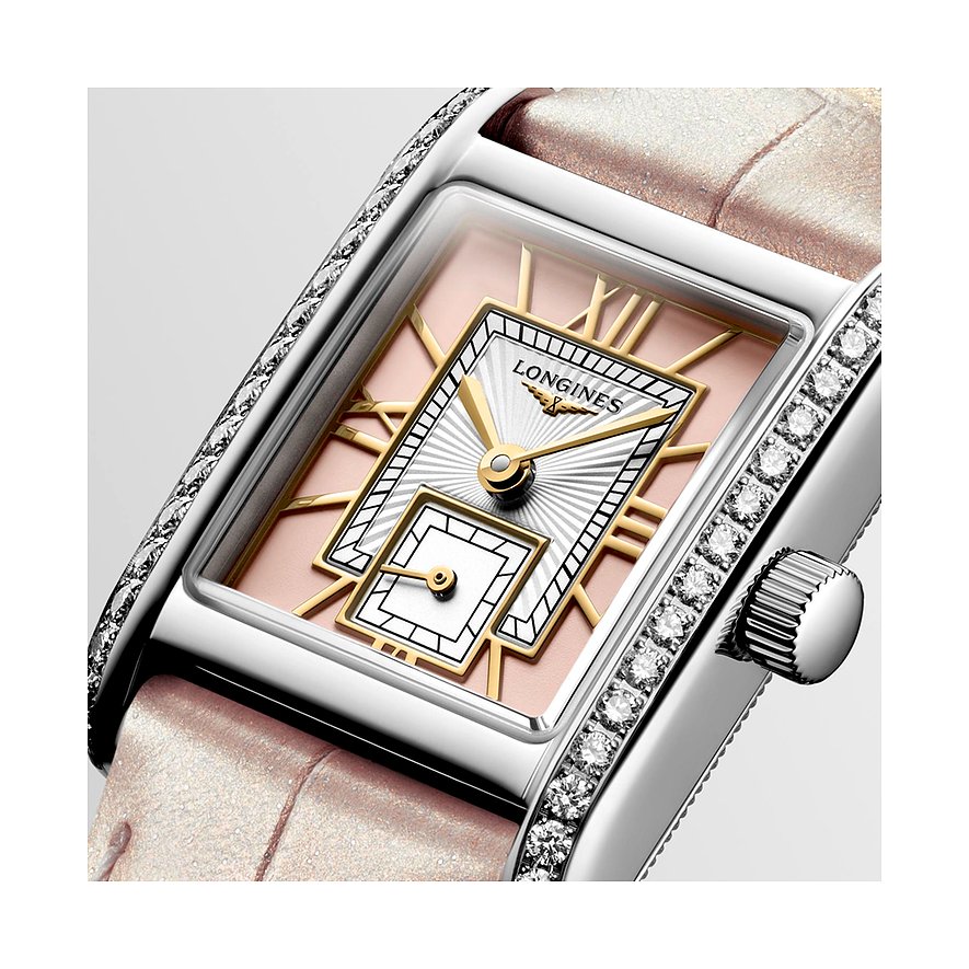 Longines Damenuhr mit Edelstahlgehäuse, besetzt mit Diamanten, analog.
