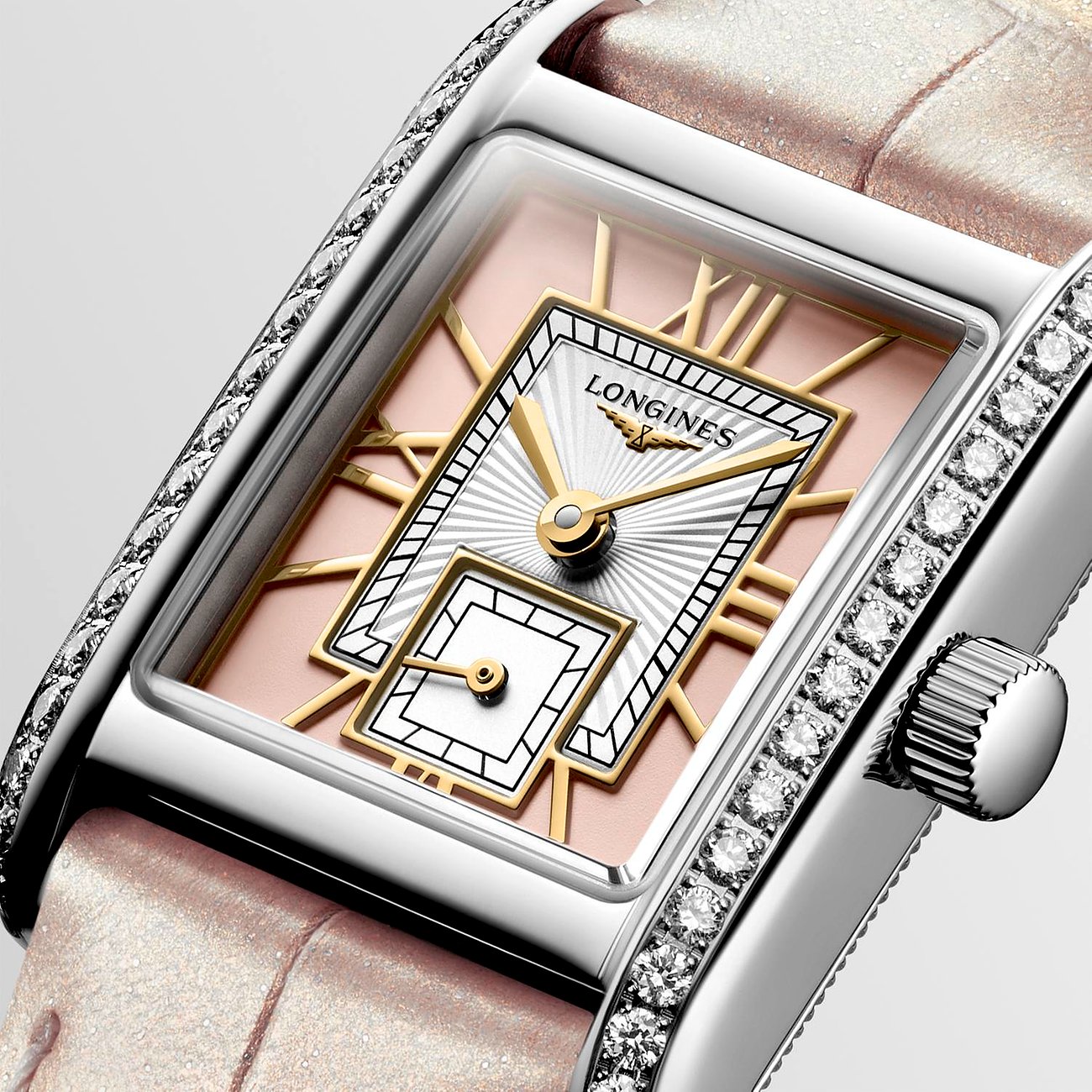 Longines Damenuhr mit Edelstahlgehäuse, besetzt mit Diamanten, analog.
