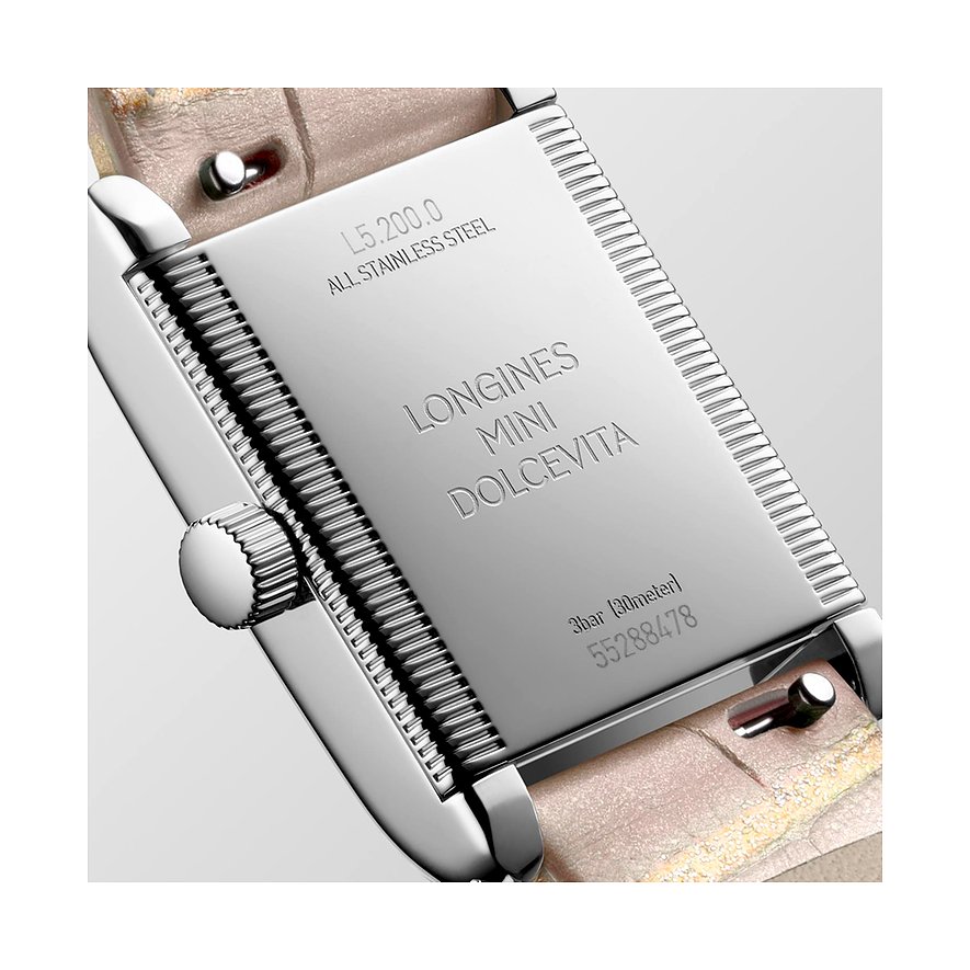 Longines Damenuhr aus Edelstahl mit Diamanten, rechteckiges Gehäuse.