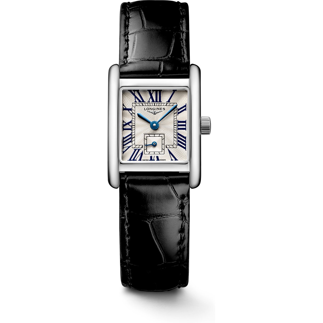 Longines Damenuhr mit Edelstahlgehäuse, silberfarbenem Zifferblatt und blauen Zeigern.