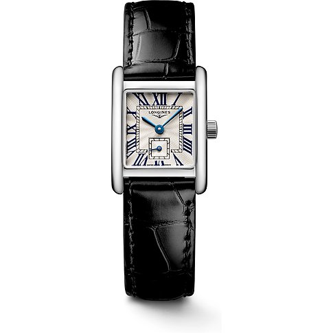 Longines Damenuhr mit Edelstahlgehäuse, silberfarbenem Zifferblatt und blauen Zeigern.
