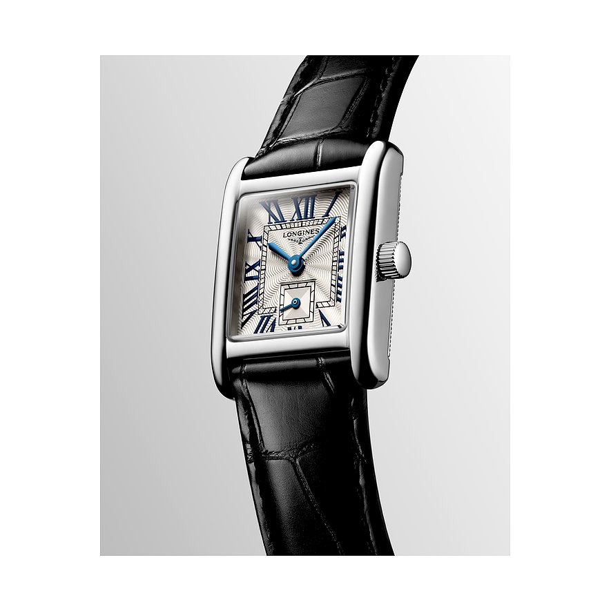 Longines Damenuhr mit Edelstahlgehäuse, analog, mit römischen Ziffern.