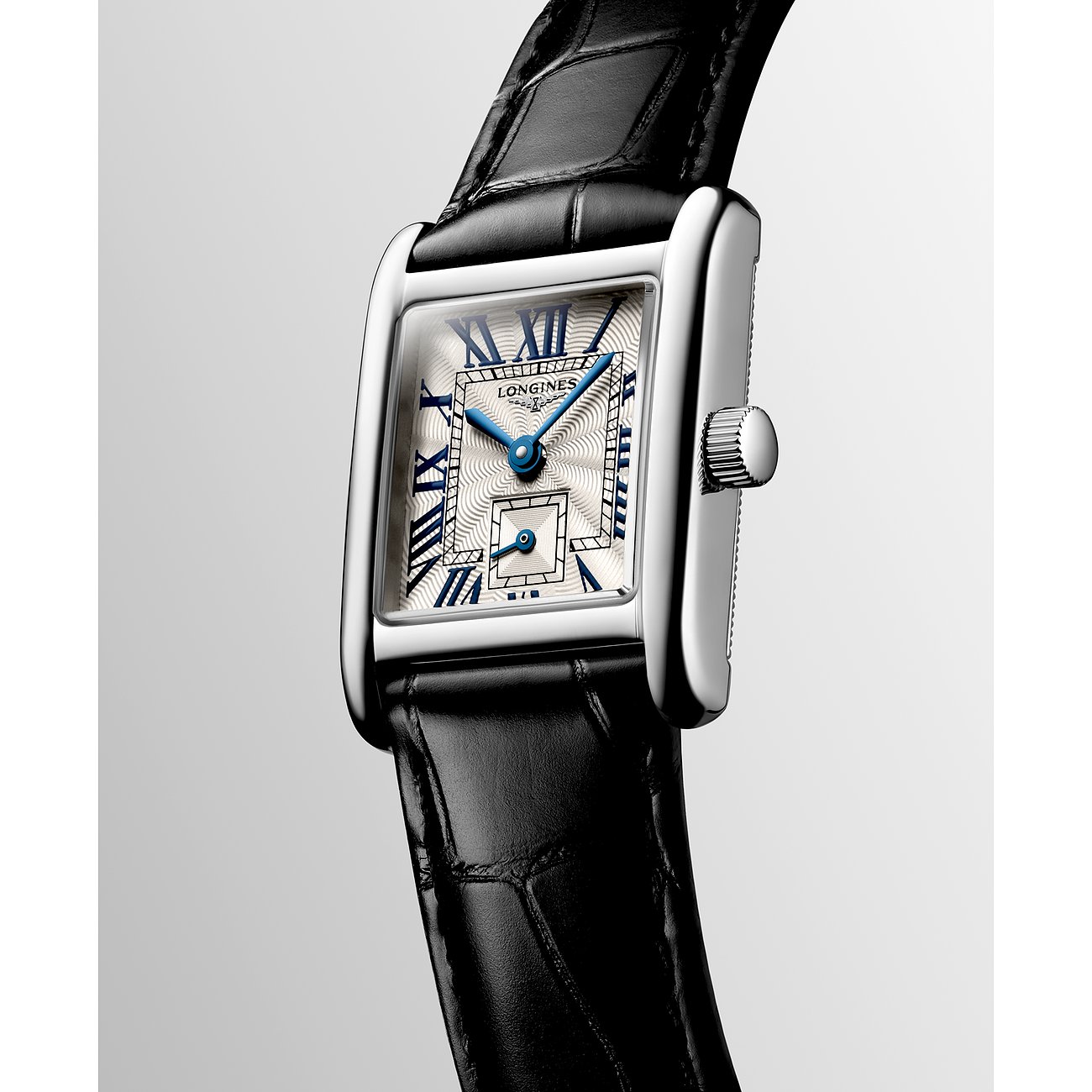 Longines Damenuhr mit Edelstahlgehäuse, analog, mit römischen Ziffern.