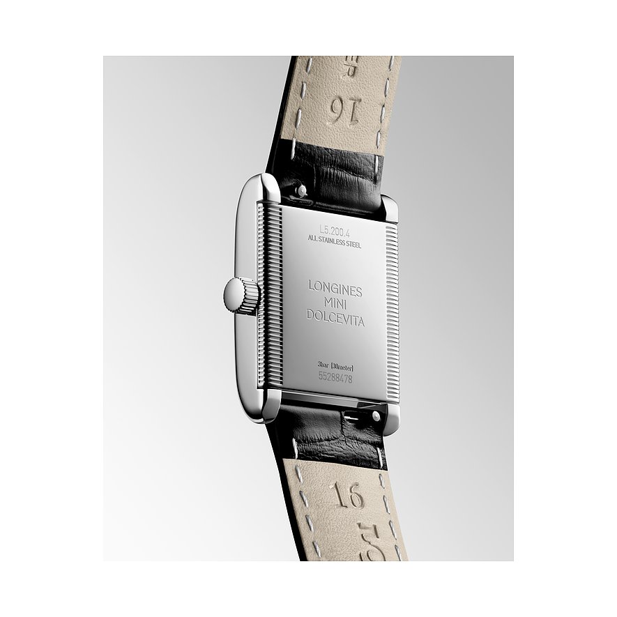 Longines Damenuhr mit Edelstahlgehäuse und schwarzem Lederarmband.