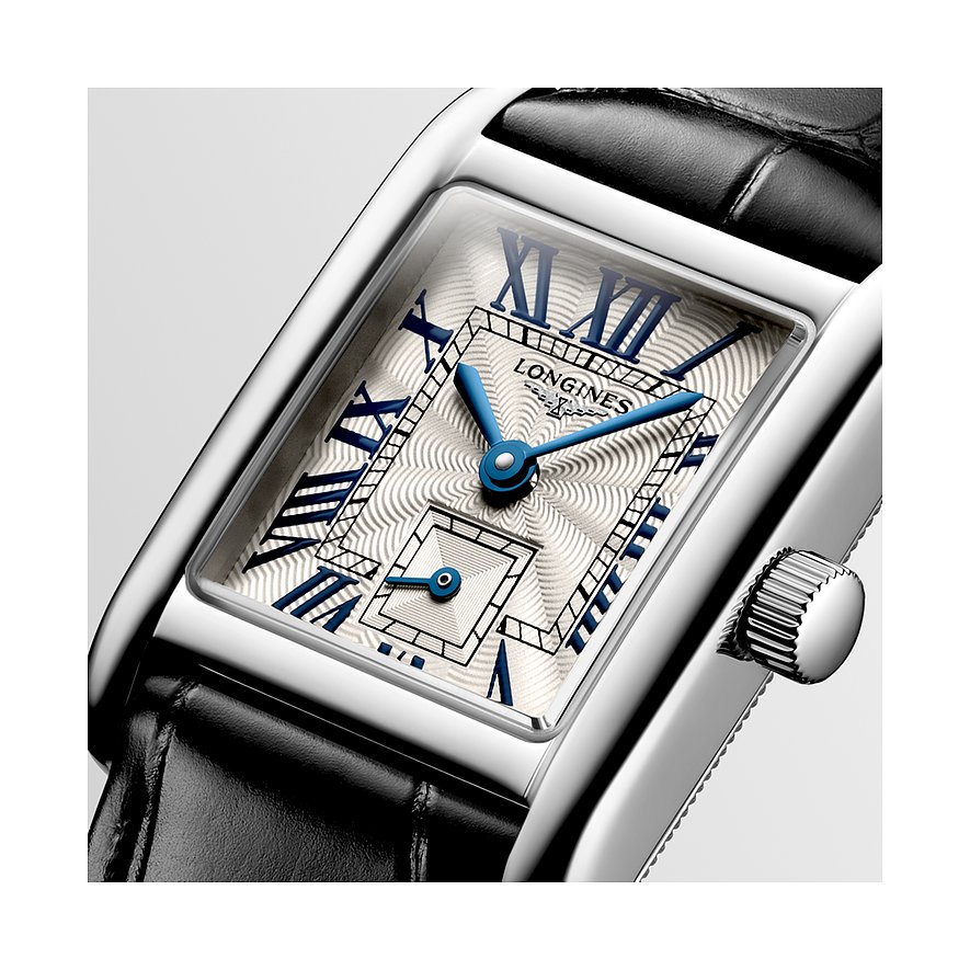 Longines Damenuhr mit Edelstahlgehäuse, silberfarbenes Zifferblatt, römische Ziffern.