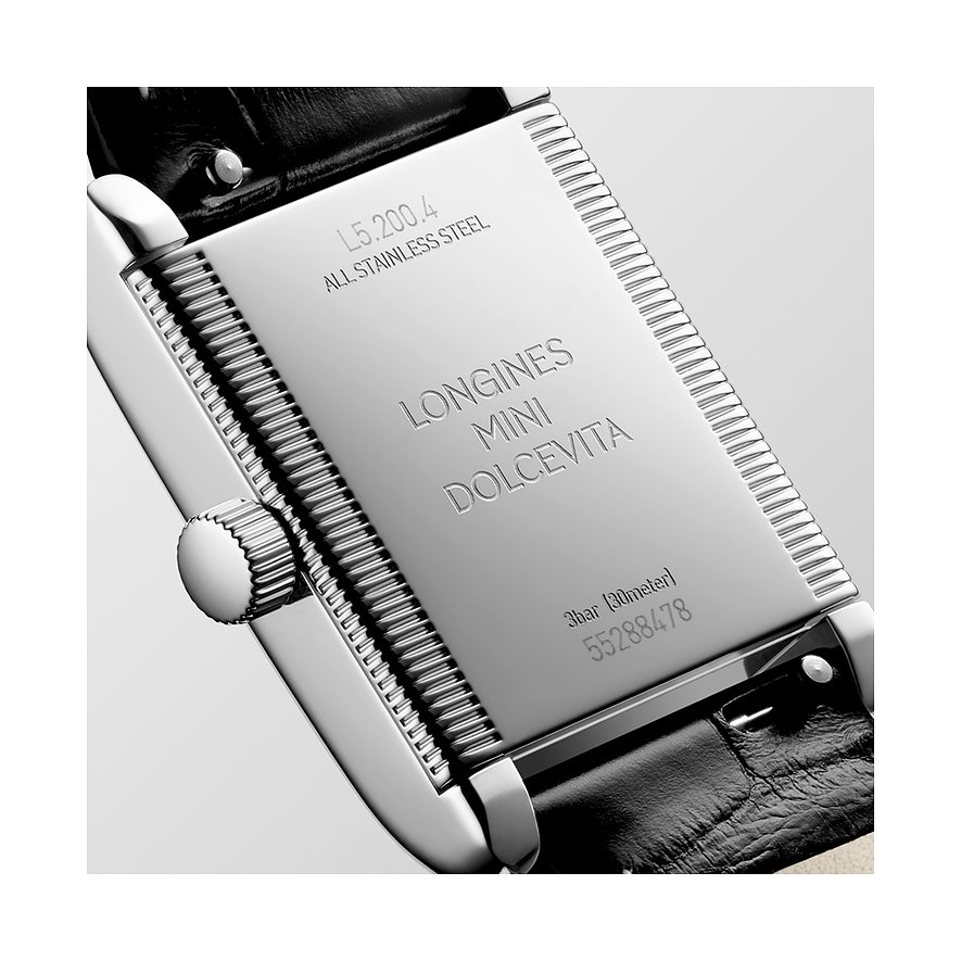 Longines Damenuhr aus Edelstahl mit geriffeltem Gehäuse und schwarzem Lederarmband.