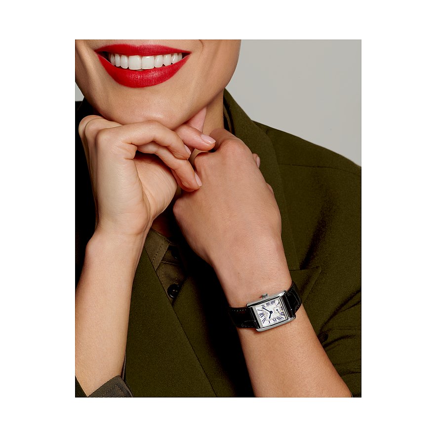 Longines Damenuhr mit Edelstahlgehäuse, analog, mit römischen Ziffern.