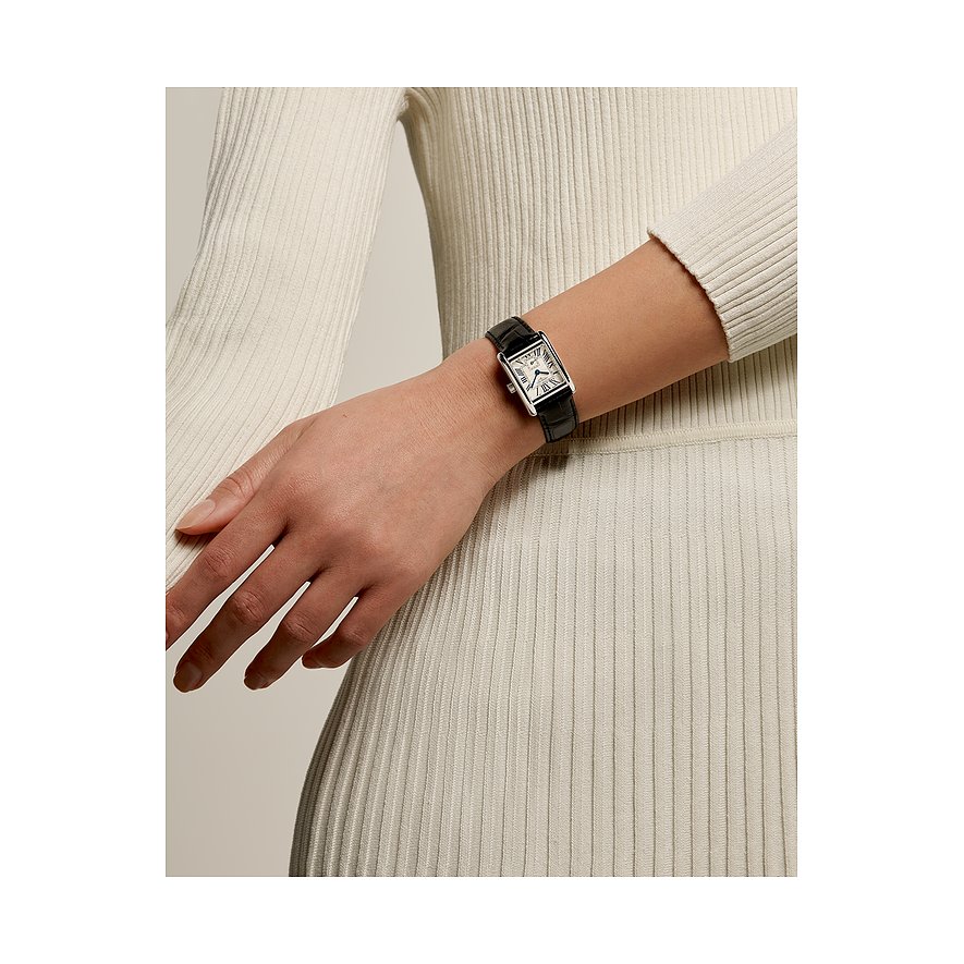 Longines Damenuhr mit Edelstahlgehäuse, weißem Zifferblatt und schwarzem Lederarmband.