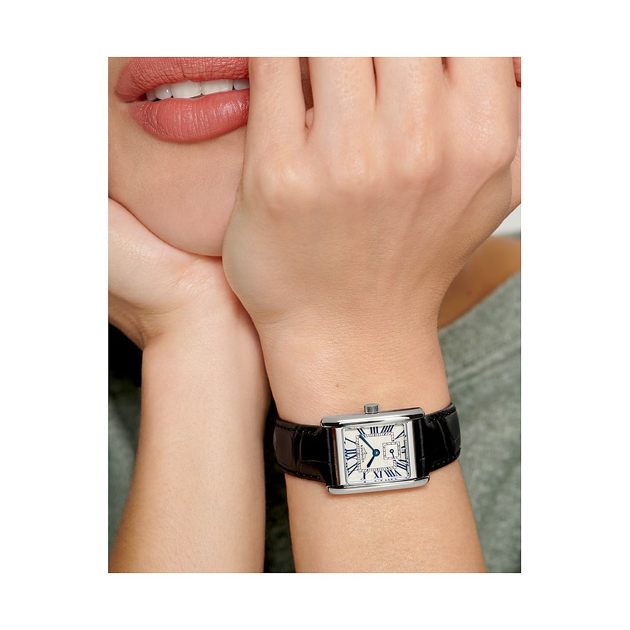 Longines Damenuhr mit Edelstahlgehäuse und schwarzem Lederarmband, rechteckig.