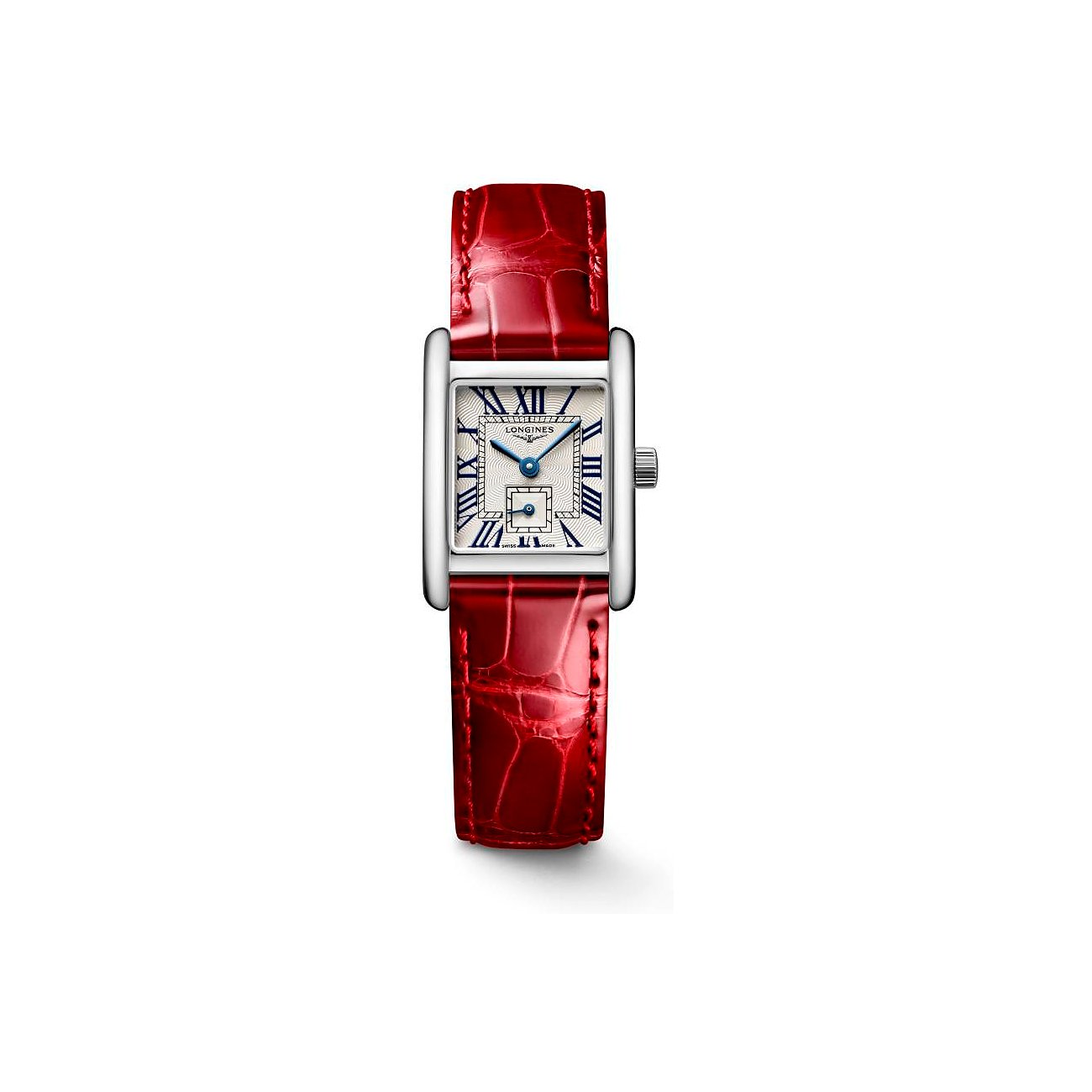 Longines Damenuhr mit Edelstahlgehäuse, weißem Zifferblatt, römischen Ziffern und rotem Armband.