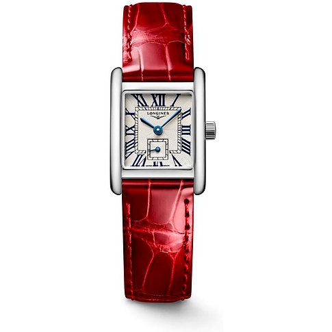 Longines Damenuhr mit Edelstahlgehäuse, weißem Zifferblatt, römischen Ziffern und rotem Armband.