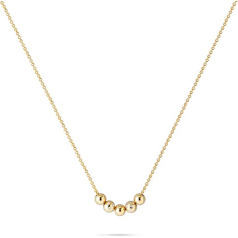 CHRIST Halsschmuck aus 585 Gelbgold mit fünf goldenen Kugeln, wobei drei Kugeln mit kleinen Diamanten besetzt sind.