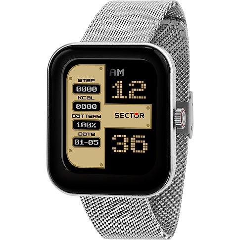 Sector Smartwatch aus Edelstahl mit silbernem Milanaise-Armband und schwarzem Display mit goldfarbenen Details.